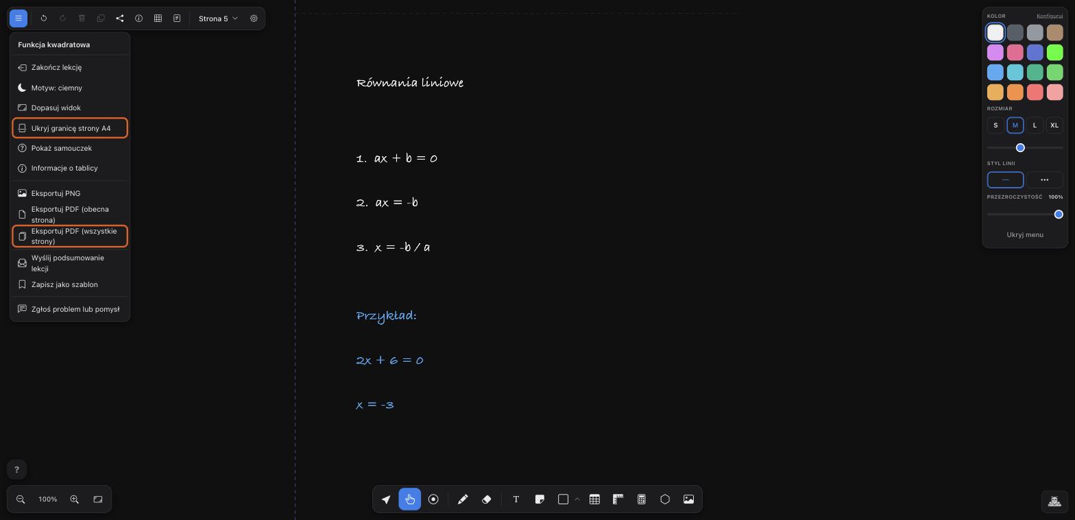 Prowadnicę A4 i eksport PDF znajdziesz w menu w lewym górnym rogu tablicy